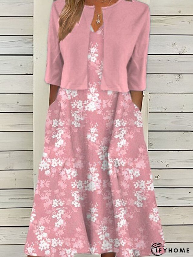 Women's Two Piece Dress Set Casual Dress Shift Dress Outdoor Daily Fashion Streetwear Pocket Print Midi Dress V Neck 3/4 Length Sleeve Floral Loose Fit Pink Royal Blue Blue Summer Spring S M L XL XXL | IFYHOME