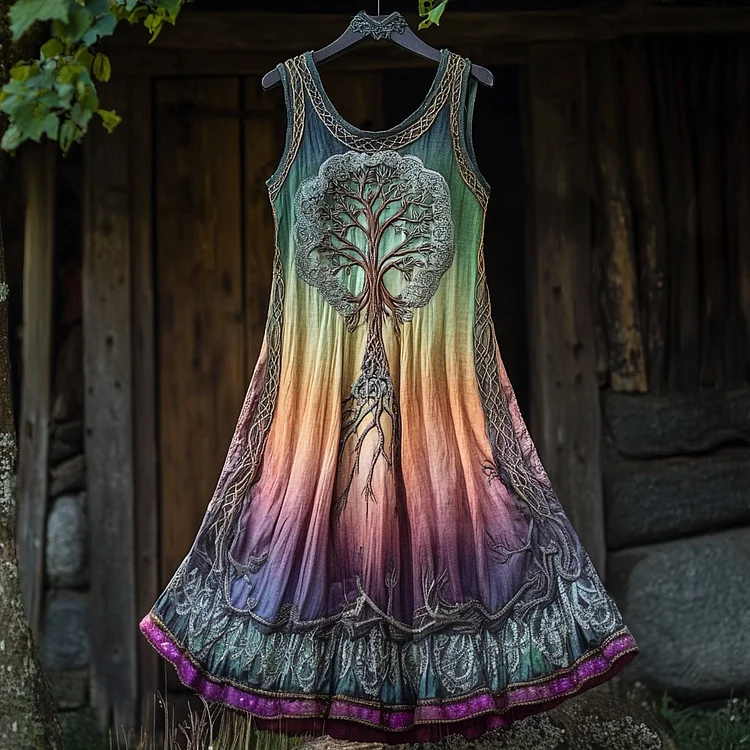Vintage Tribal Life Of Tree Gradient Art Linen Tank Dress