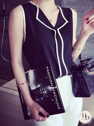 Contrast Color V-neck Sleeveless Chiffon Vest for Women