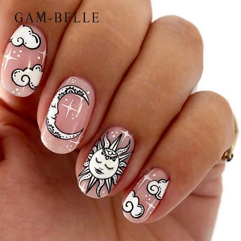GAM-BELLE Professional Nude French Fake Nails Cloud Sun Moon Pattern Press On Nails Full Cover False Nails Tips Manicure Tools