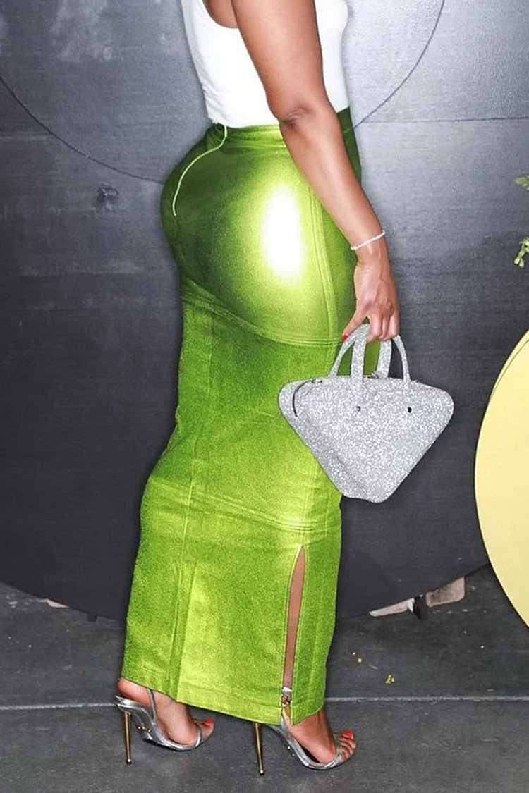 Plus Size Green Party Glitter Zipper Skirts [Pre-Order]