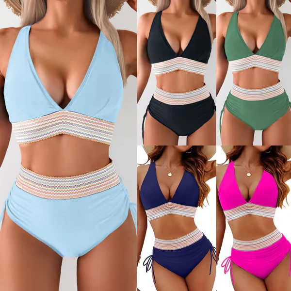✨👙High Waisted Tummy Control Colour Block Bikini Sets