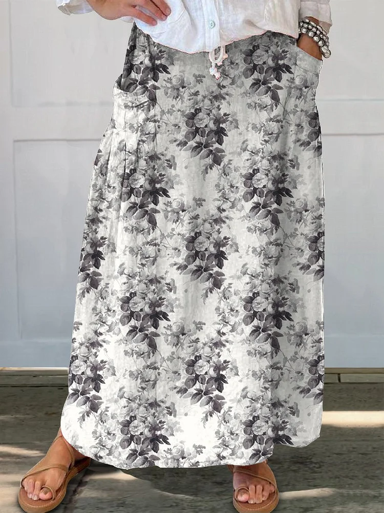 Women's Flowers Casual Print Linen Pocket Skirt