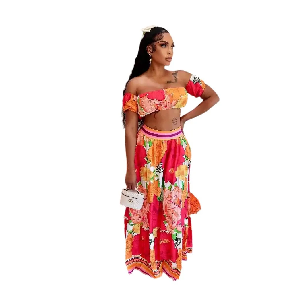 Uveng Uveng 2025 New One-Word Shoulder Color Floral Print Short Top Dress Set Two Sets