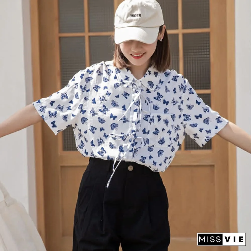 Vintage Butterfly Print Pocket Lace Up Loose Polo Shirt