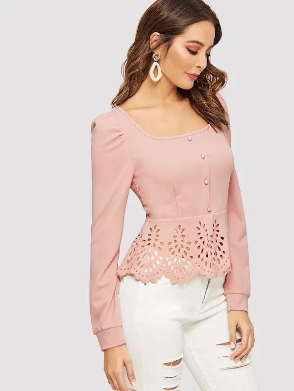 Buttoned Front Laser Cut Hem Puff Sleeve Top | IFYHOME