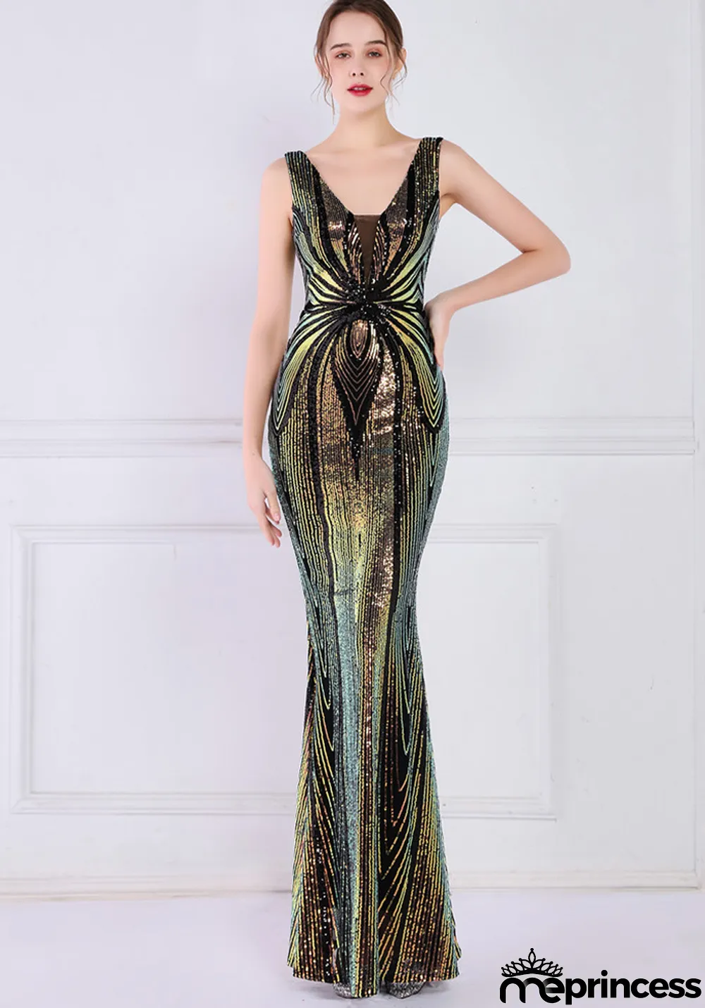 Women Summer Black Formal V-neck Sleeveless Patchwork Sequined Mermaid Evening Dress