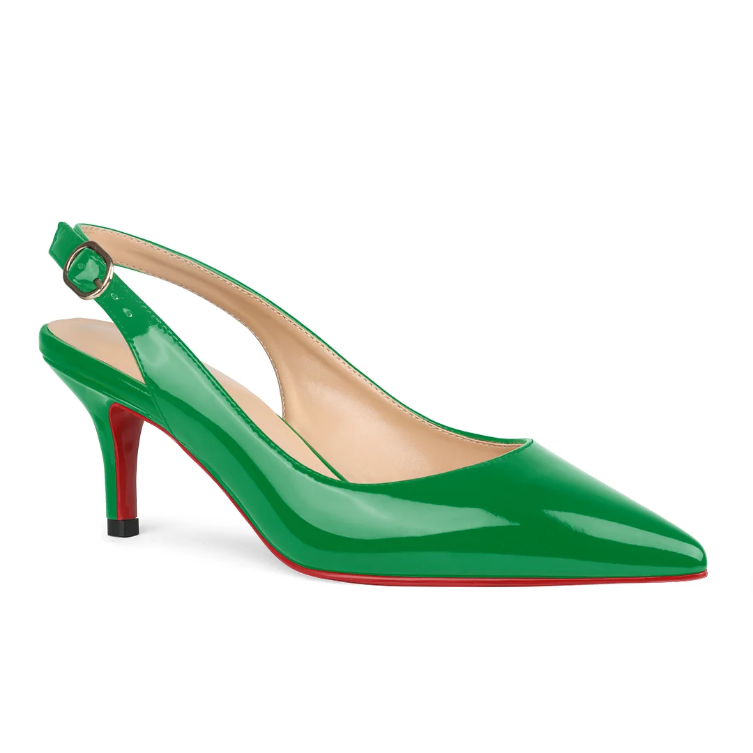 2.36" Women's Pointed Toe Slingback Red Bottom Shoes Kitten Heel Pumps Patent-MERUMOTE