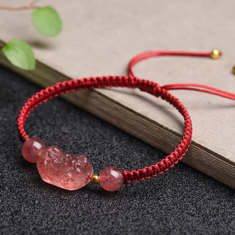 Natural Strawberry Quartz PiXiu Lucky Red String Bracelet