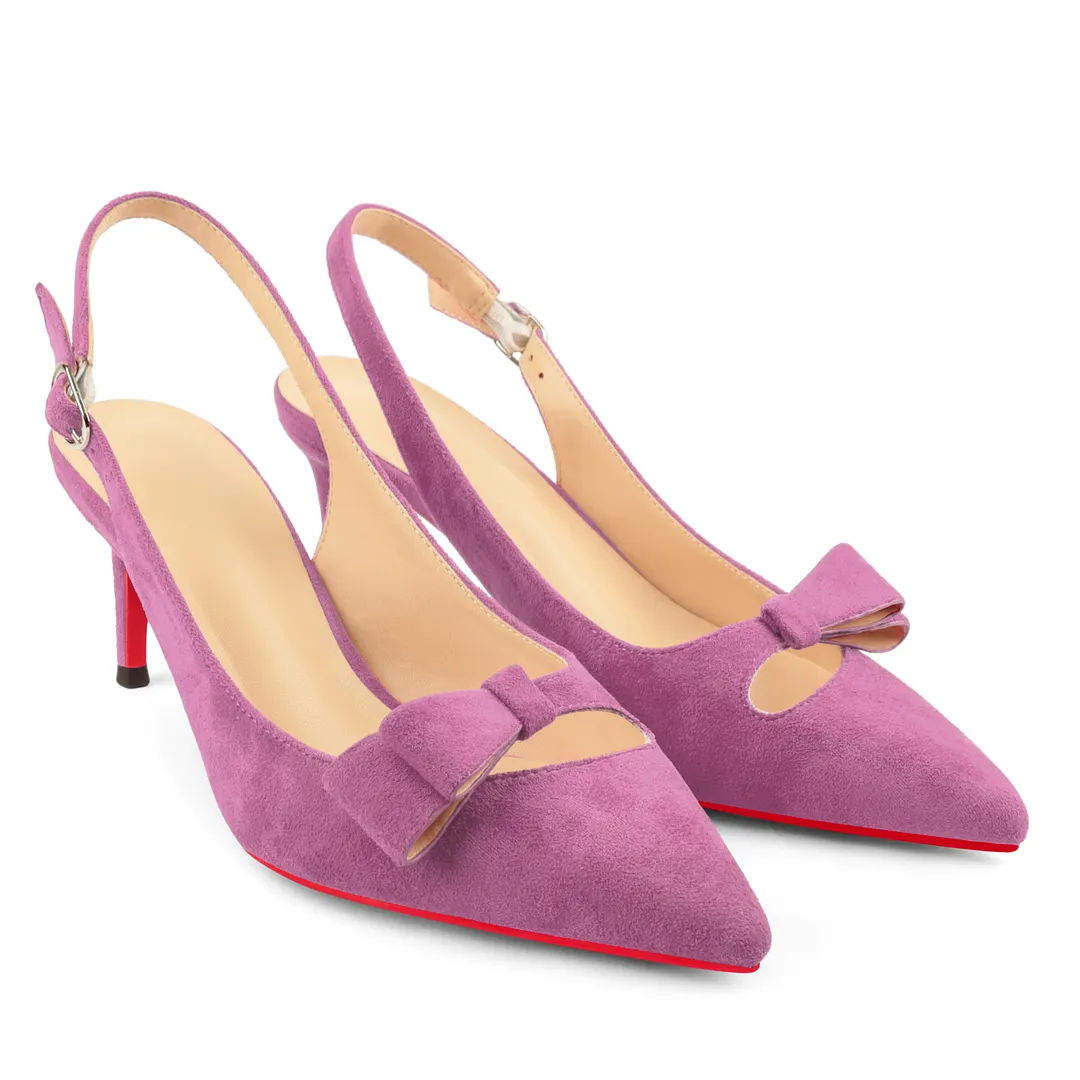 65mm Women's Pointed Toe With Bows Kitten Stillettos Slingback Red Bottoms Prom Suede Sandals-vocosishoes