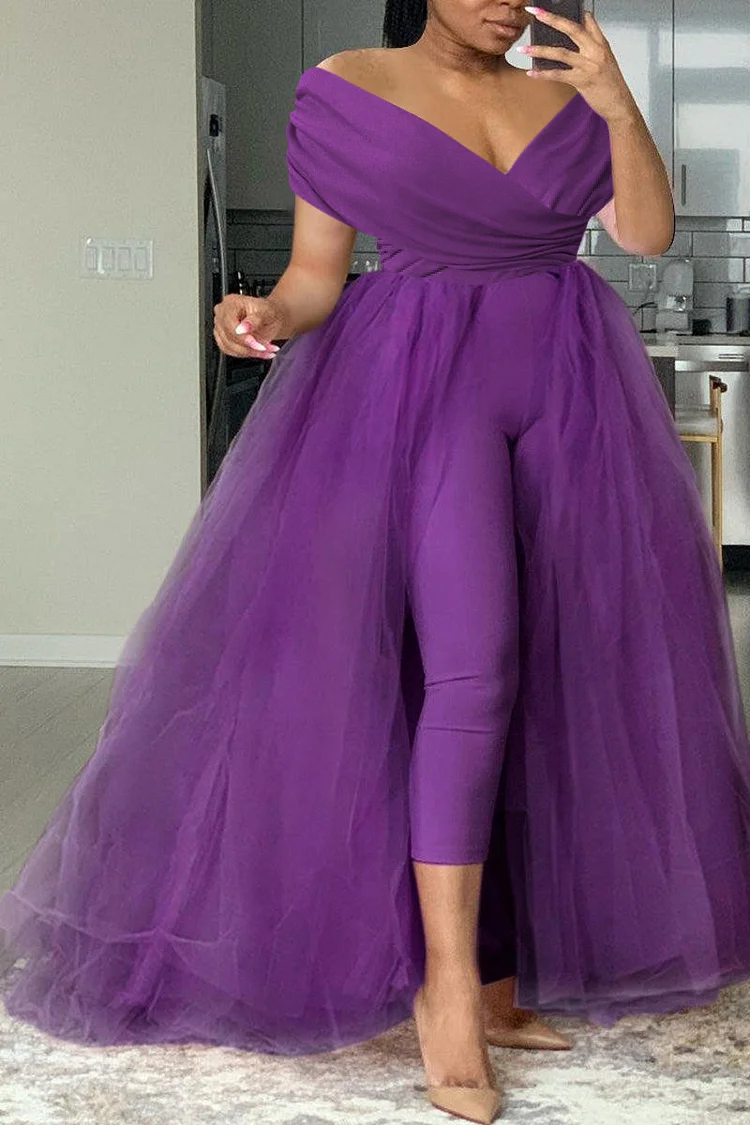 Xpluswear Plus Size Formal Casual One Piece Outfit Solid Off The Shoulder V Neck Tulle Jumpsuit (With Tulle Skirts)