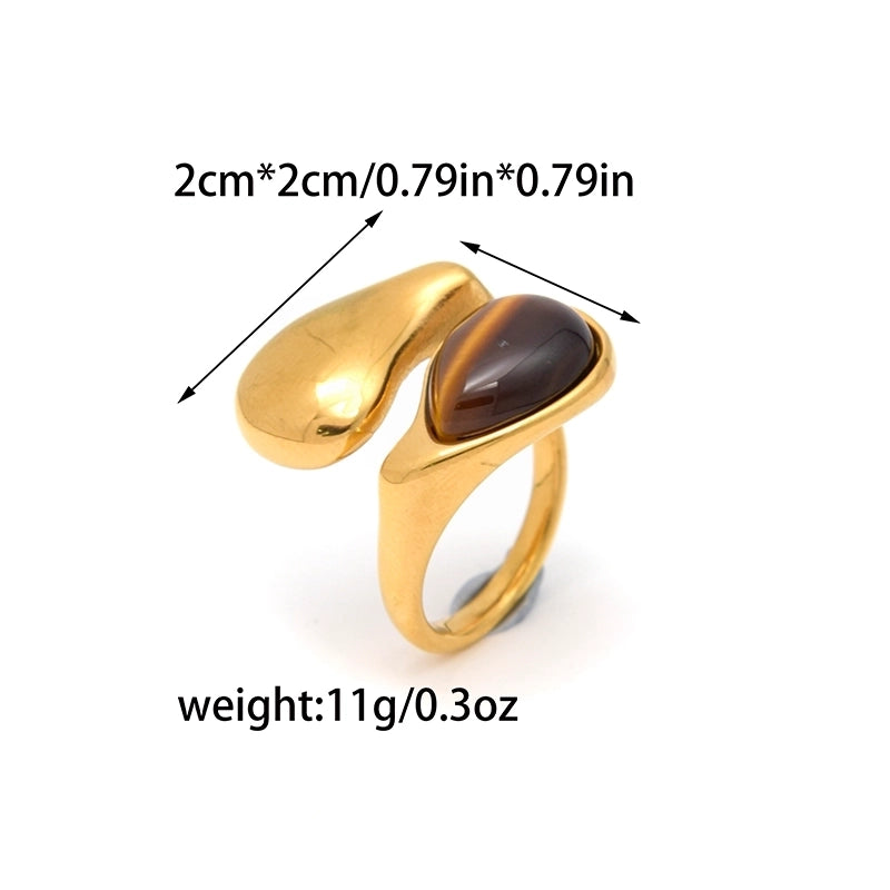 Casual Sweet Cool Style Round Water Droplets 304 Stainless Steel Natural Stone 14K Gold Plated Plating Inlay Rings