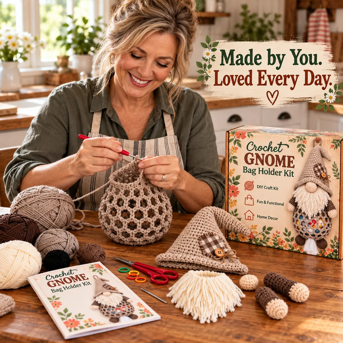 Woman crocheting the body of a gnome bag holder with project pieces and reference kit beside her