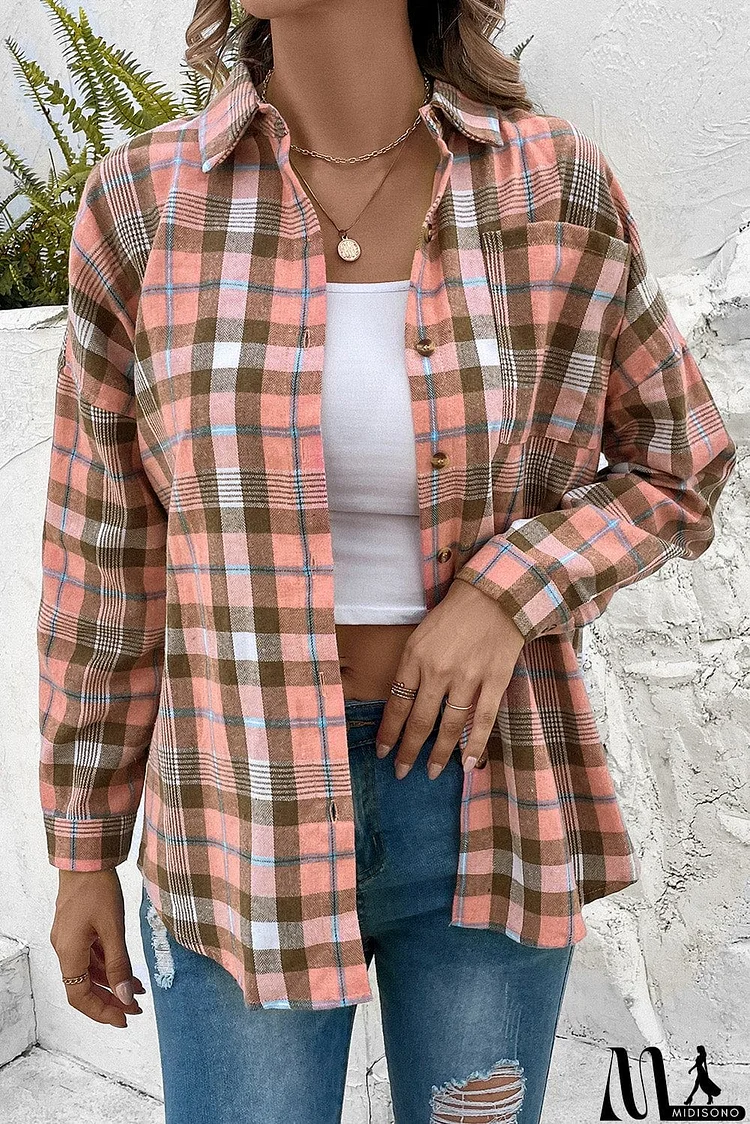 Plaid Collared Neck Long Sleeve Button-Up Shirt