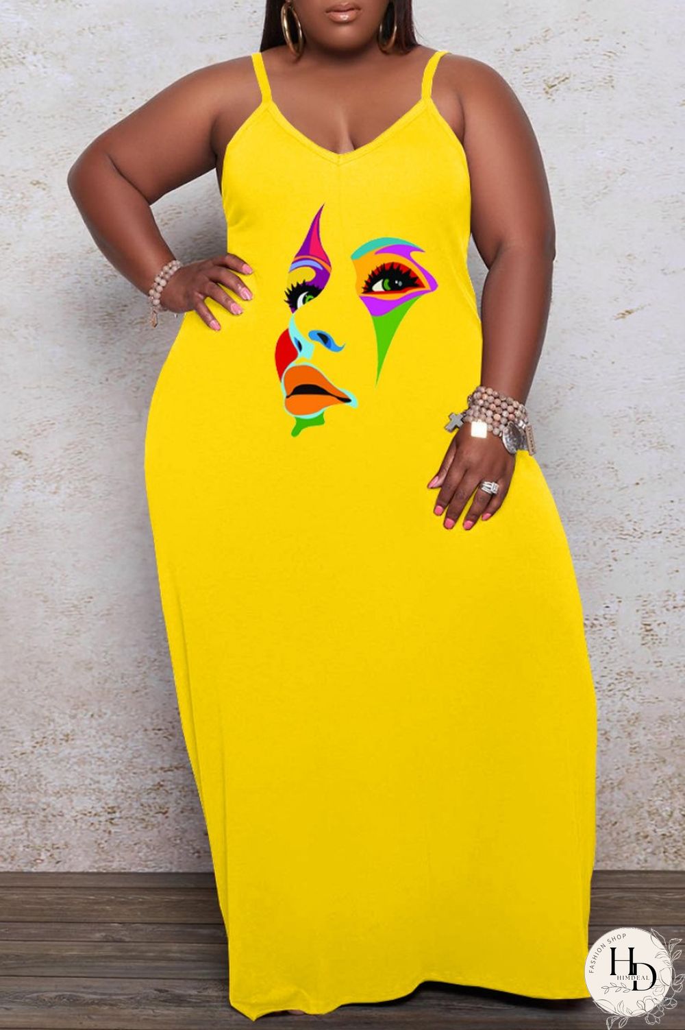 Yellow Sexy Casual Print Backless Spaghetti Strap Long Dress Plus Size Dresses