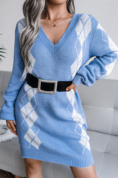 Casual Geometric Split Joint  Contrast V Neck Dresses  Sweater (Without Belt) - Life is Beautiful for You - SheChoic