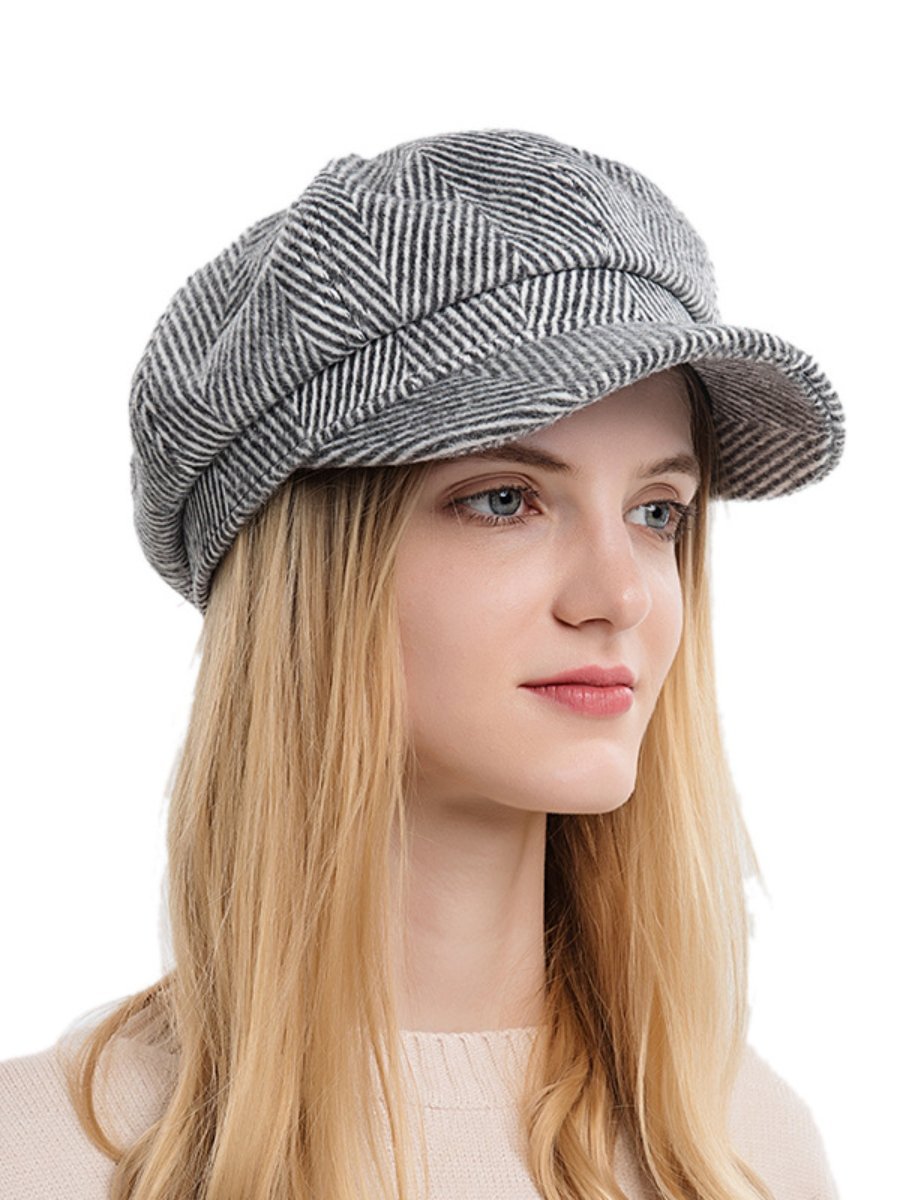 Women's Beret Hats Vintage Stripe Wide Brim Wool Newsboy Hats