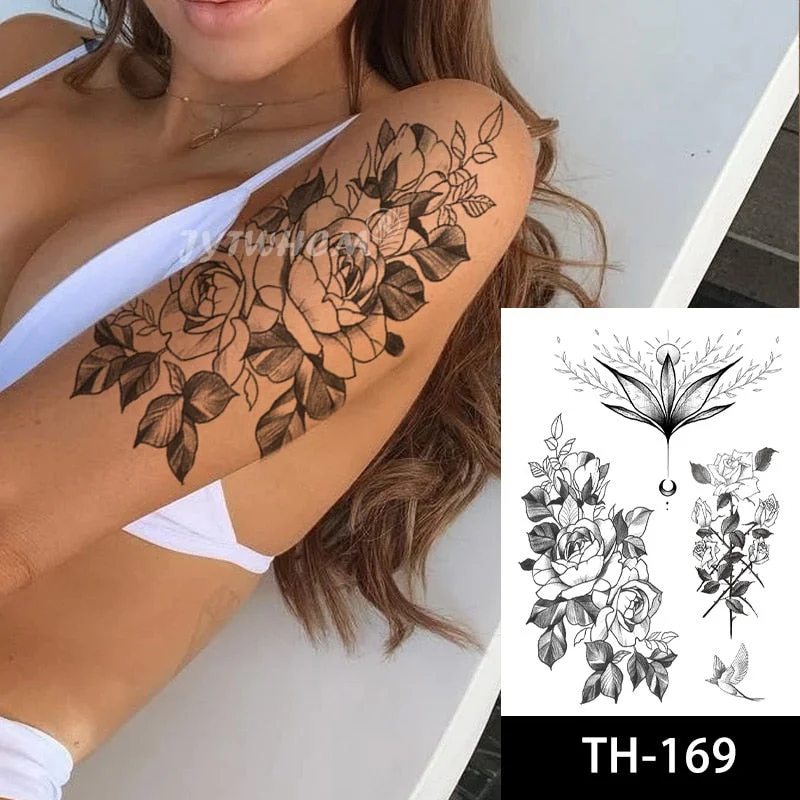 Temporary Black Art Sketches Flowers Fake Tattoo Edges Stickers Flash Line Realistic Body Legs Hand Tattoos For Fashion Women