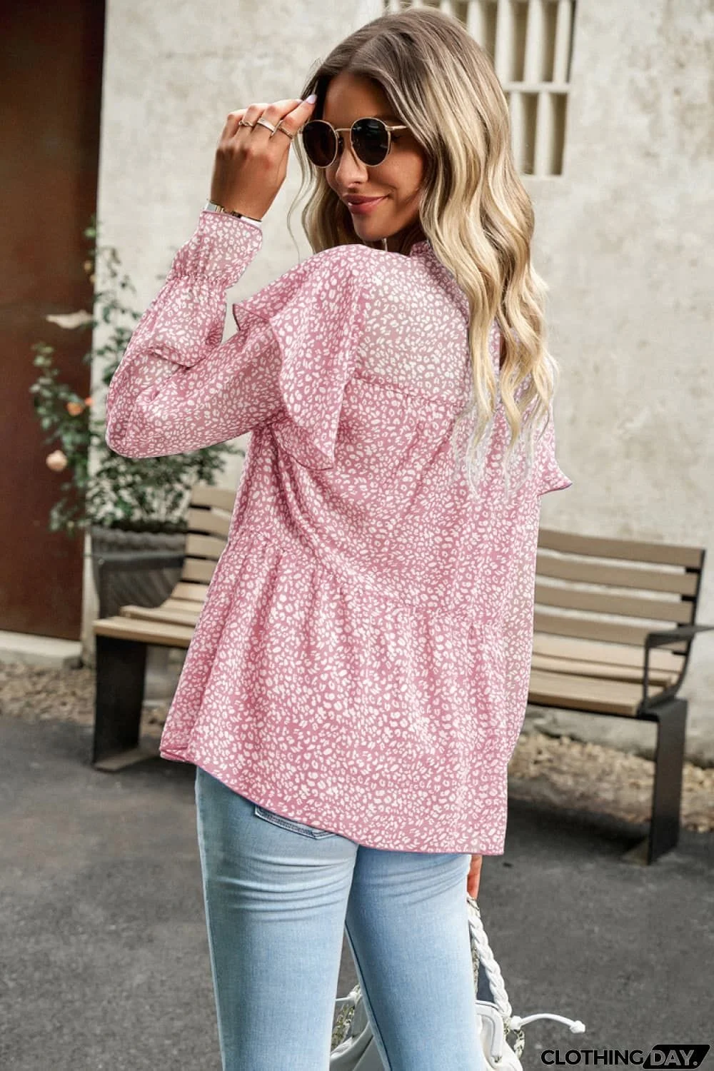 Printed Round Neck Flounce Sleeve Blouse