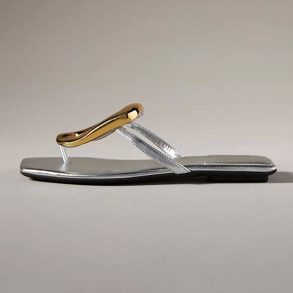 Silver & Gold Metallic Square Toe Hardware Decor Flat Sandals for Women