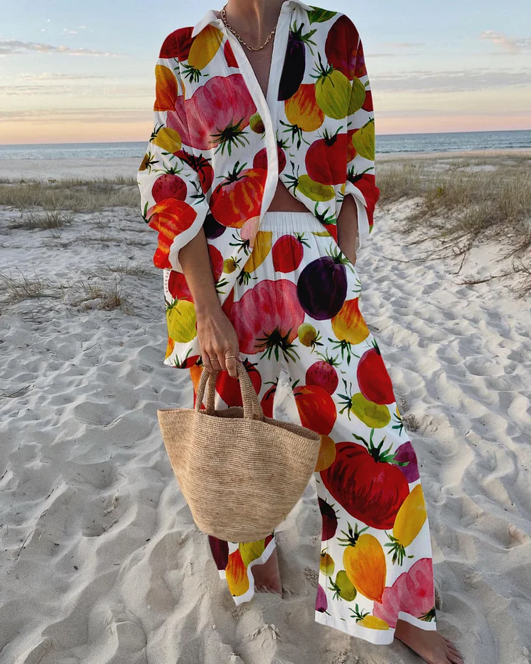 Resort style tropical fruit print slip dress