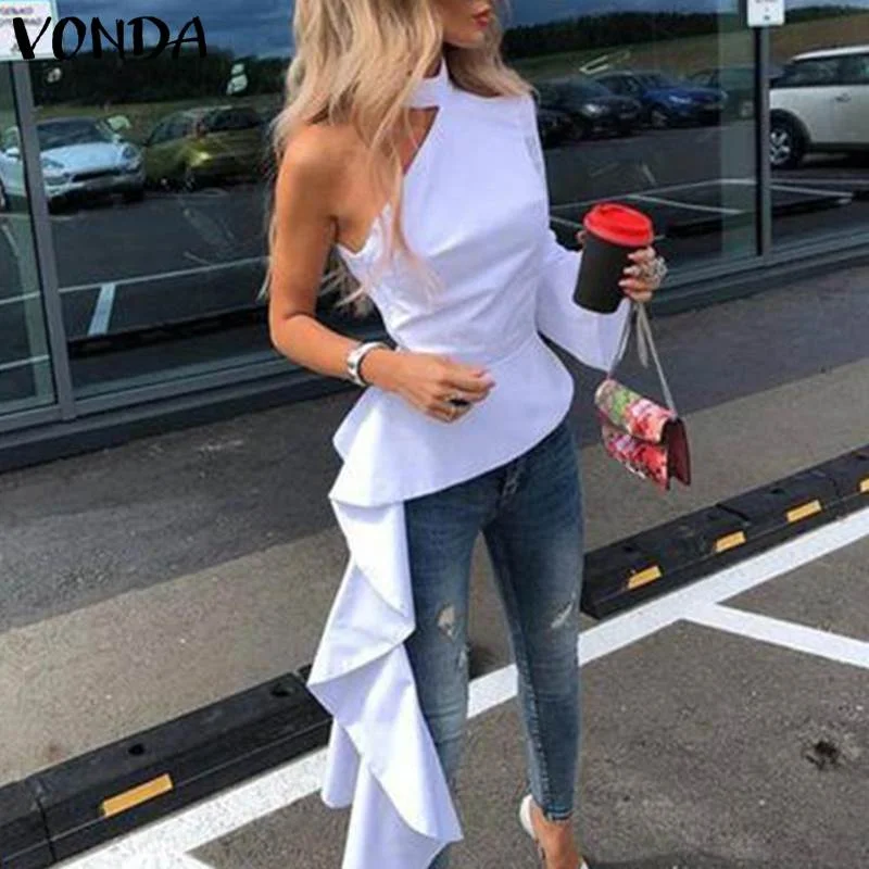 Women Blouse VONDA 2022 Ladies Off Shoulder Asymmetric Long Shirts Sexy One Sleeve Irregular Office Tops Bohemian Blusas
