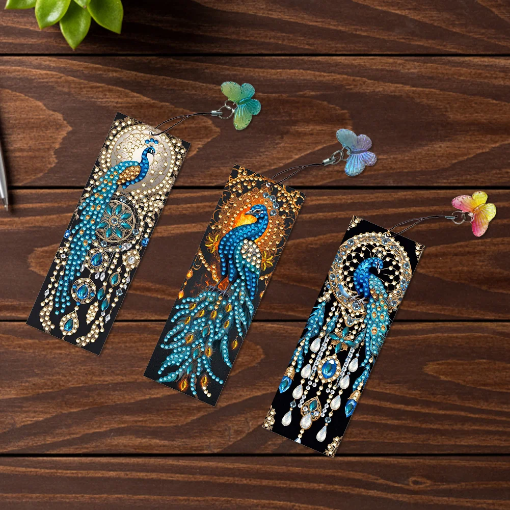 3Pcs Special Shape Peacock Diamond Painting Art Bookmark with Pendant for Books