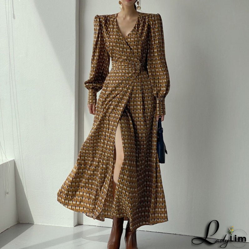 Chic Dress with One-Button Waist Closure and Cross V-Neck