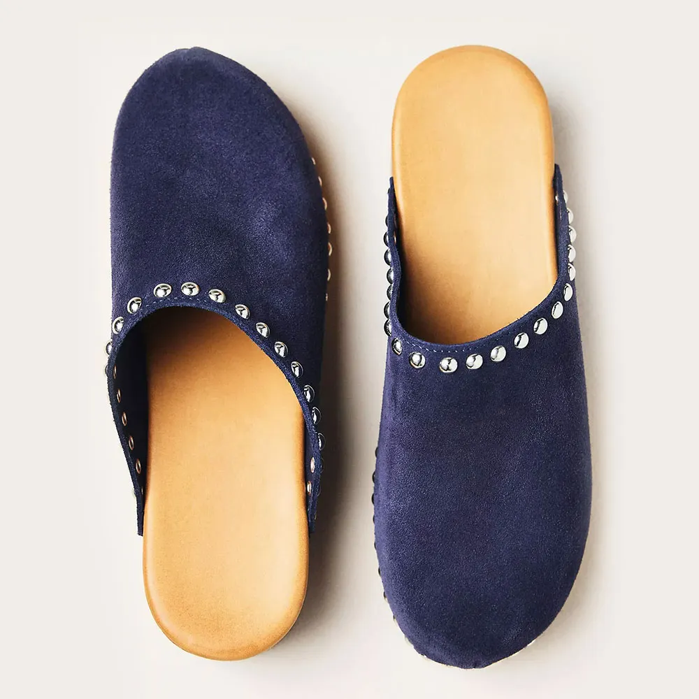 Round Toe Chunky Heel Studded Platform Mules for Women in Navy