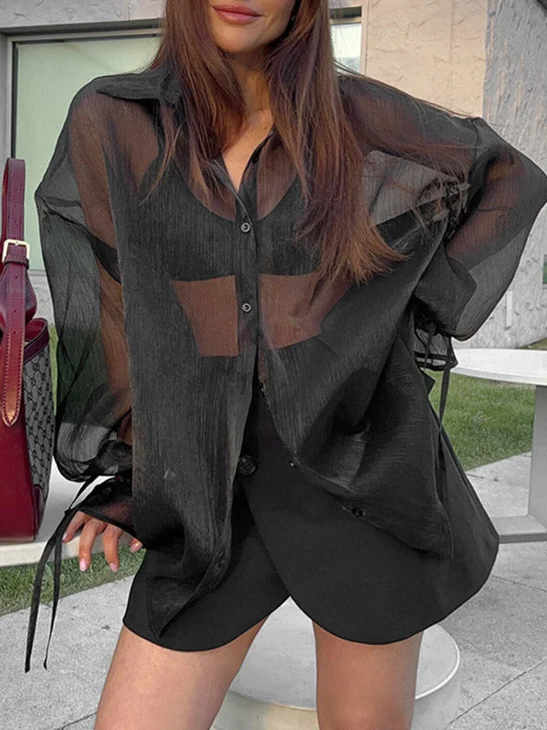 Long Sleeves Loose Buttoned Mesh See-Through Solid Color Tied Lapel Blouses&Shirts Tops