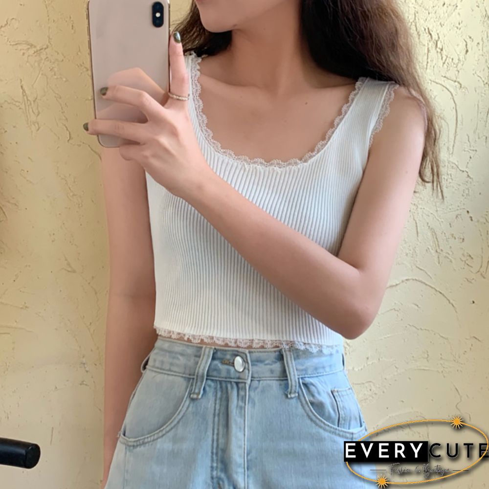 Ace Trim Tank Top Solid Color Knit Bottoming Vests Fashion Trendy Womens Camisoles Crop Top