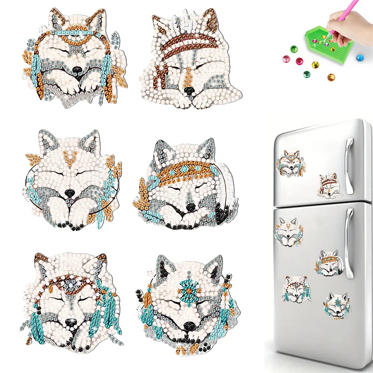 【Magnet Stickers】6Pcs White Fox Special Shape Diamond Painting Fridge Magnet for DIY Crafts gbfke