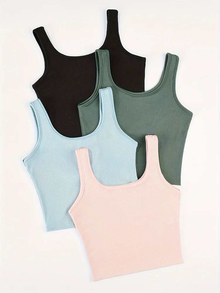 4pcs Solid Color Casual Sleeveless Camisole | Polyester Elastane Blend, Women's Summer Vest, No Padding, 190g/㎡ Knit Fabric