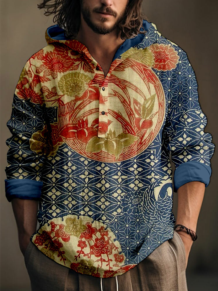 Men's Vintage Japanese Art Linen Blend Cozy Shirt