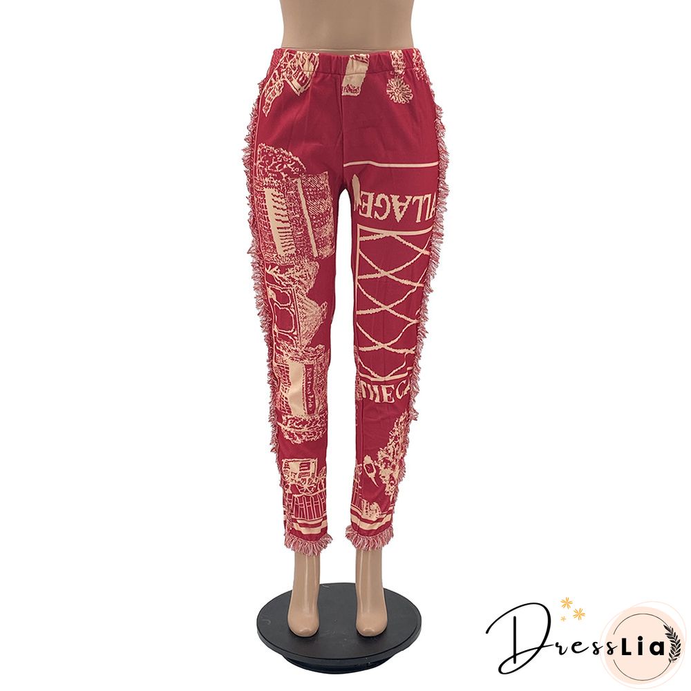 Side Tassels Patchwork Elastic Waist Women Print Jogger Pant