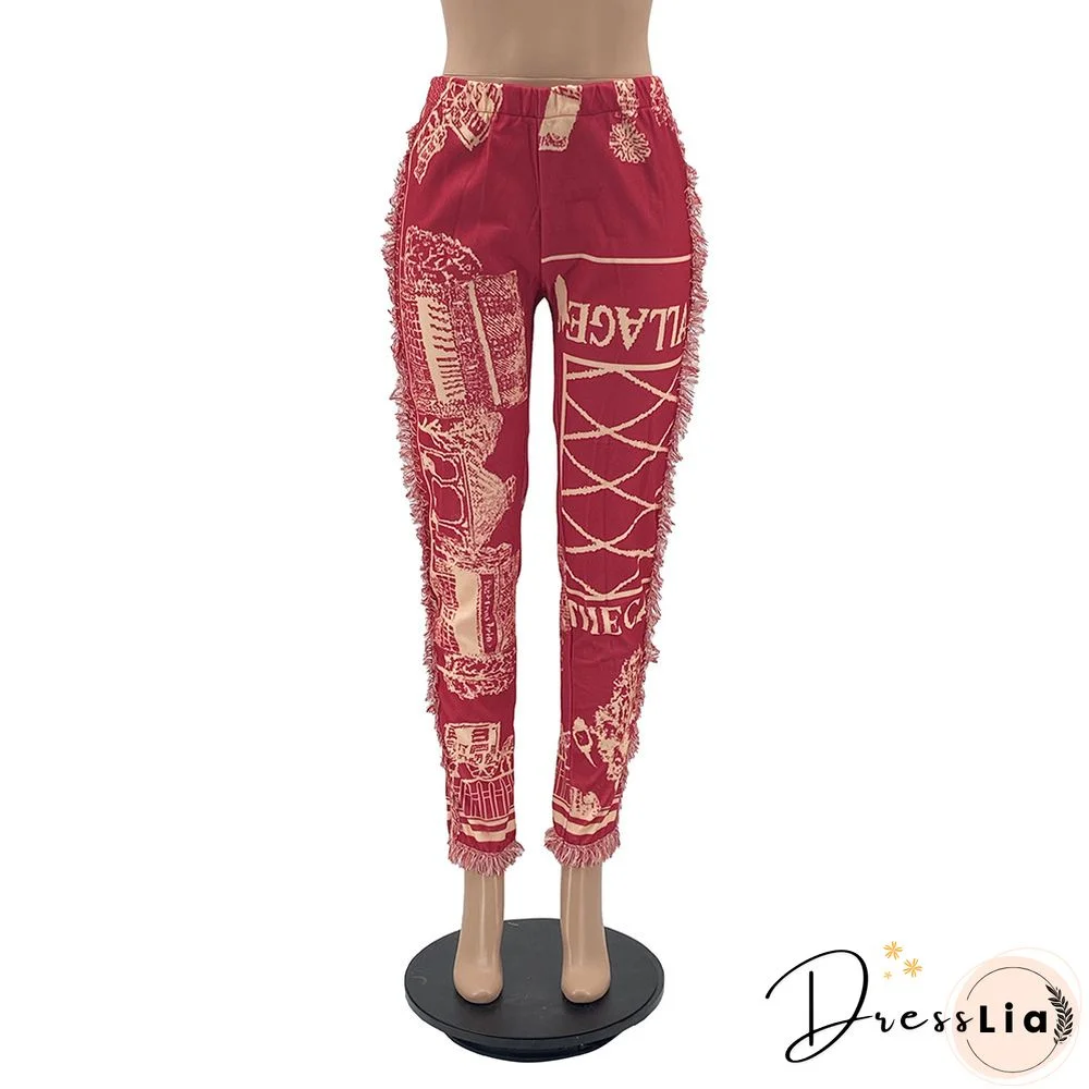 Side Tassels Patchwork Elastic Waist Women Print Jogger Pant