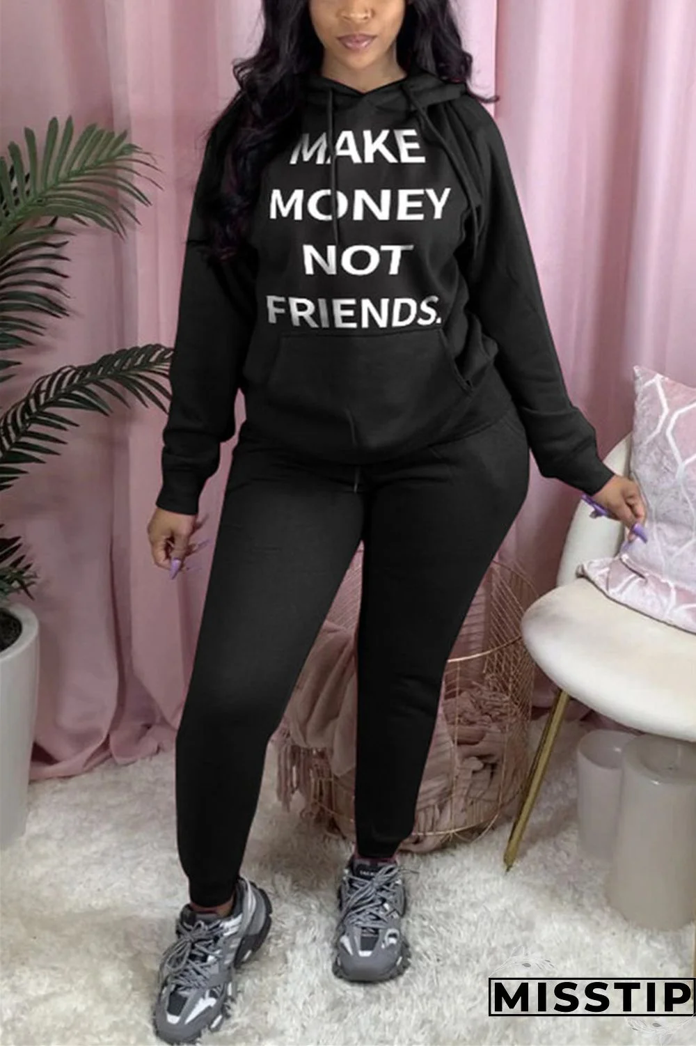 rose red Casual England Letter Print Solid Straight Long Sleeve Two Pieces