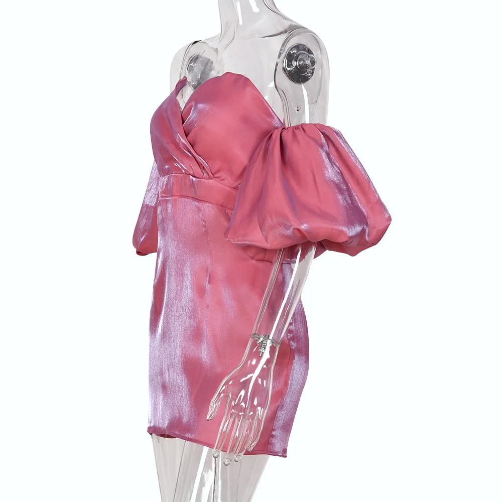 Off shoulder lantern sleeves mini party dress-zachics