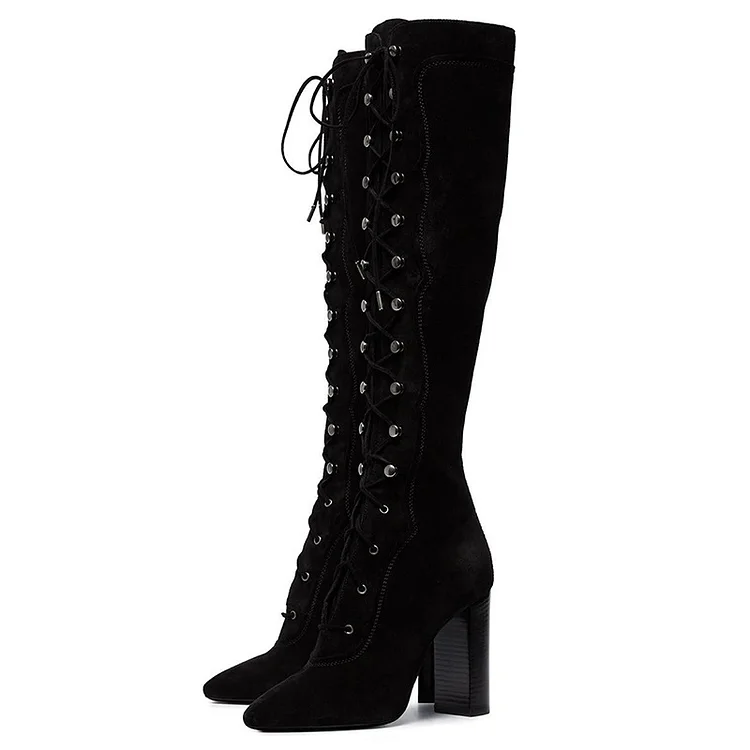 Black Vegan Suede Lace Up Boots Chunky Heel Knee High Boots |FSJ Shoes