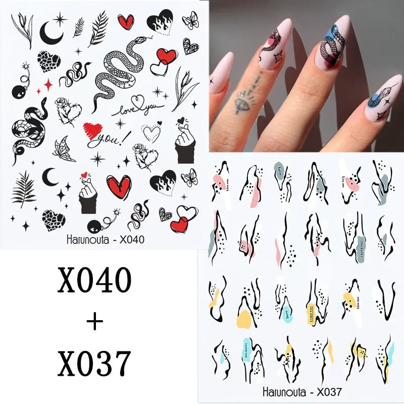 Harunouta Sexy Girl Geometric Lines Nail Water Stickers Set Spring Simple Flower Leaves Decals Sliders DIY Nail Art Decoration