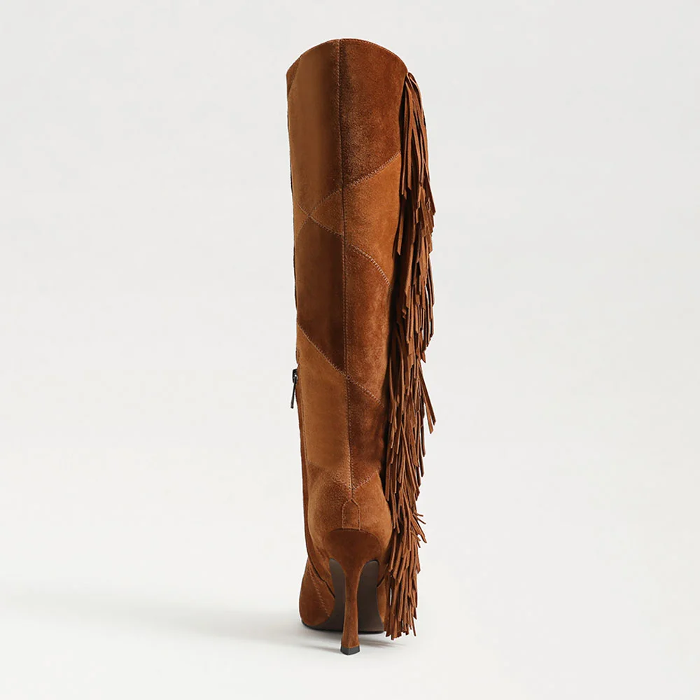 Brown Vegan Suede Patchwork Flared Heel Side Fringe Knee High Boots