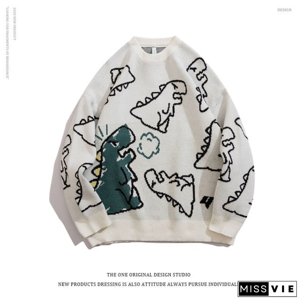 Sweater Men Harajuku Fashion Knitted Hip Hop Streetwear Dinosaur Cartoon Pullover O-neck Oversize Casual Couple Male Sweaters
