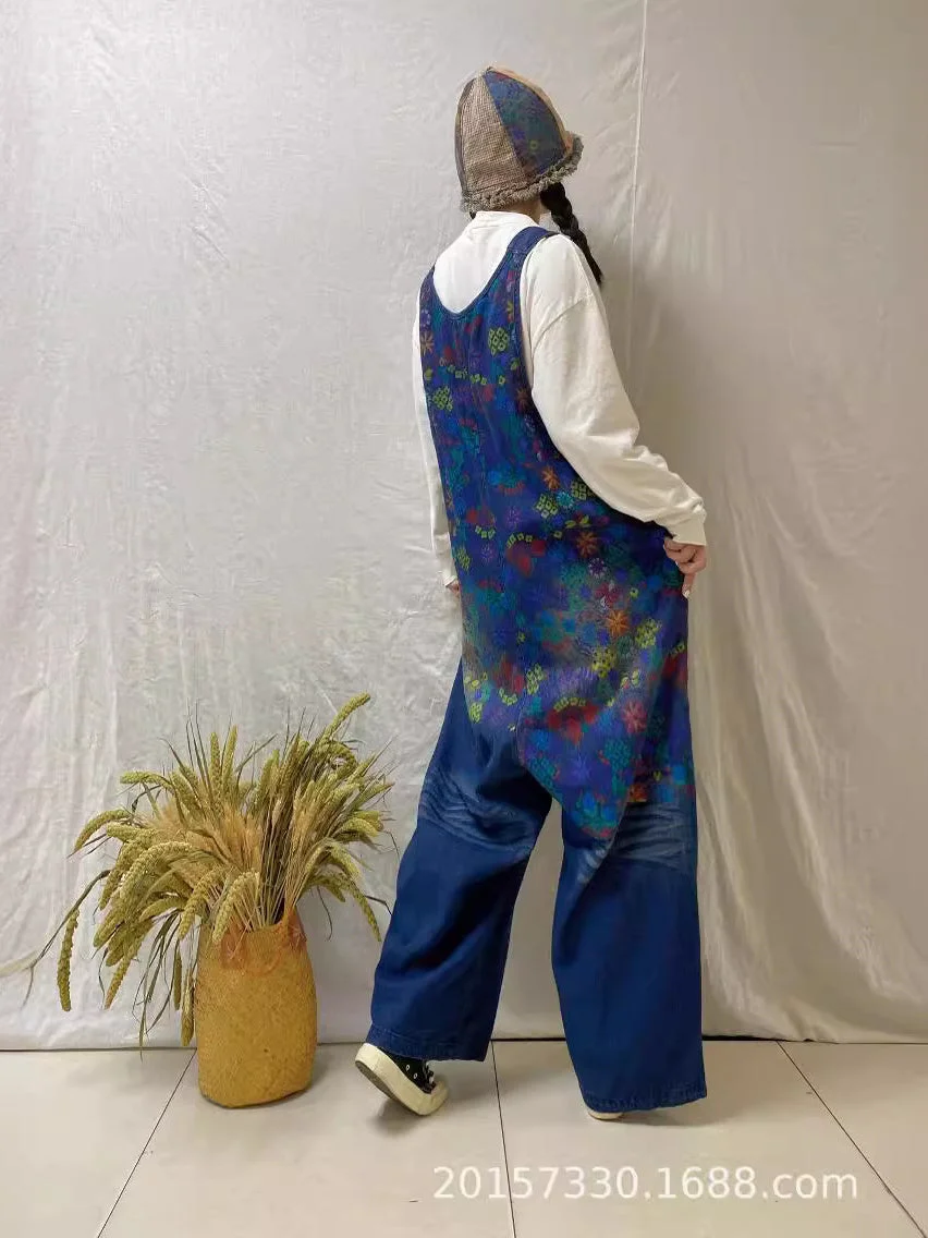 Women's Floral Printed Casual Retro Cropped Workwear Denim Overalls Jumpsuit