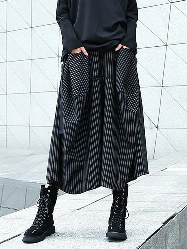 Elasticity Pockets Striped High Waisted Loose Pants Culotte