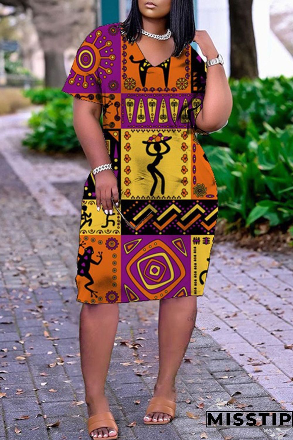 Black Green Casual Print Patchwork V Neck Straight Dresses