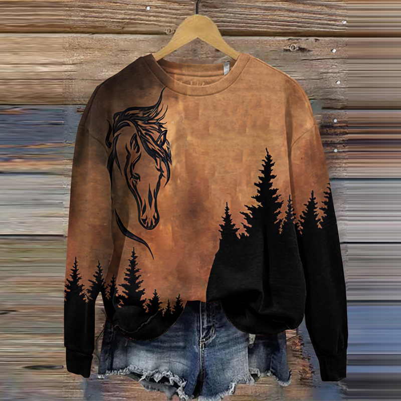 Comstylish Vintage Southwestern Horse Print Crewneck Sweatshirt