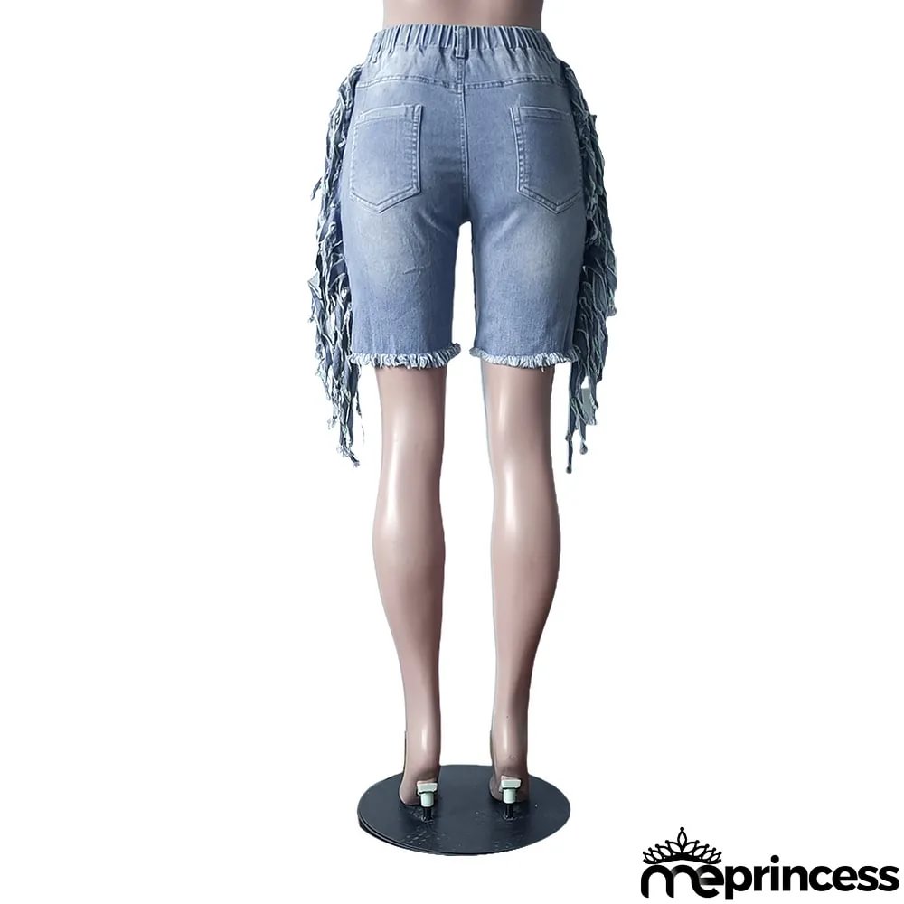 Summer Denim Stretch Pants Tassel Denim Stretch Knee-Length Shorts