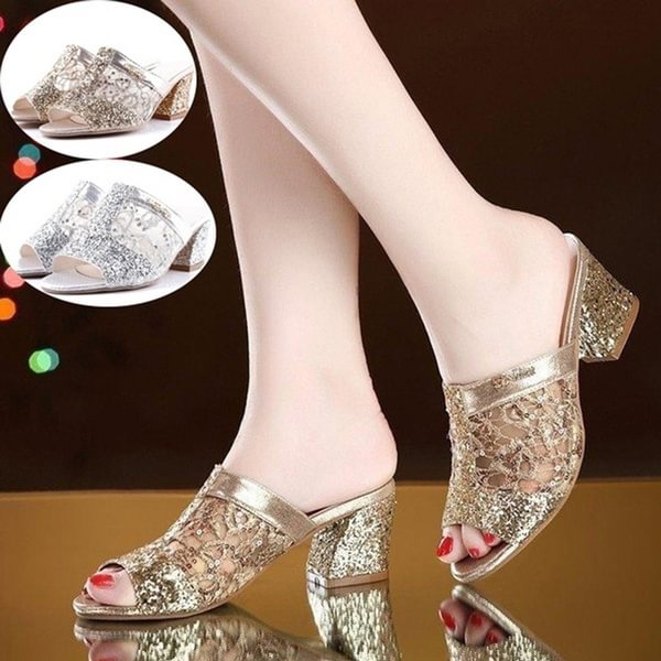 Women Fashion Open Toe Slippers Bling Bling Glitter Mesh PU Leather Summer Shoes Woman Square Heel Pumps Sandals Zapatos Mujer Sapatos Femininos - BlackFridayBuys