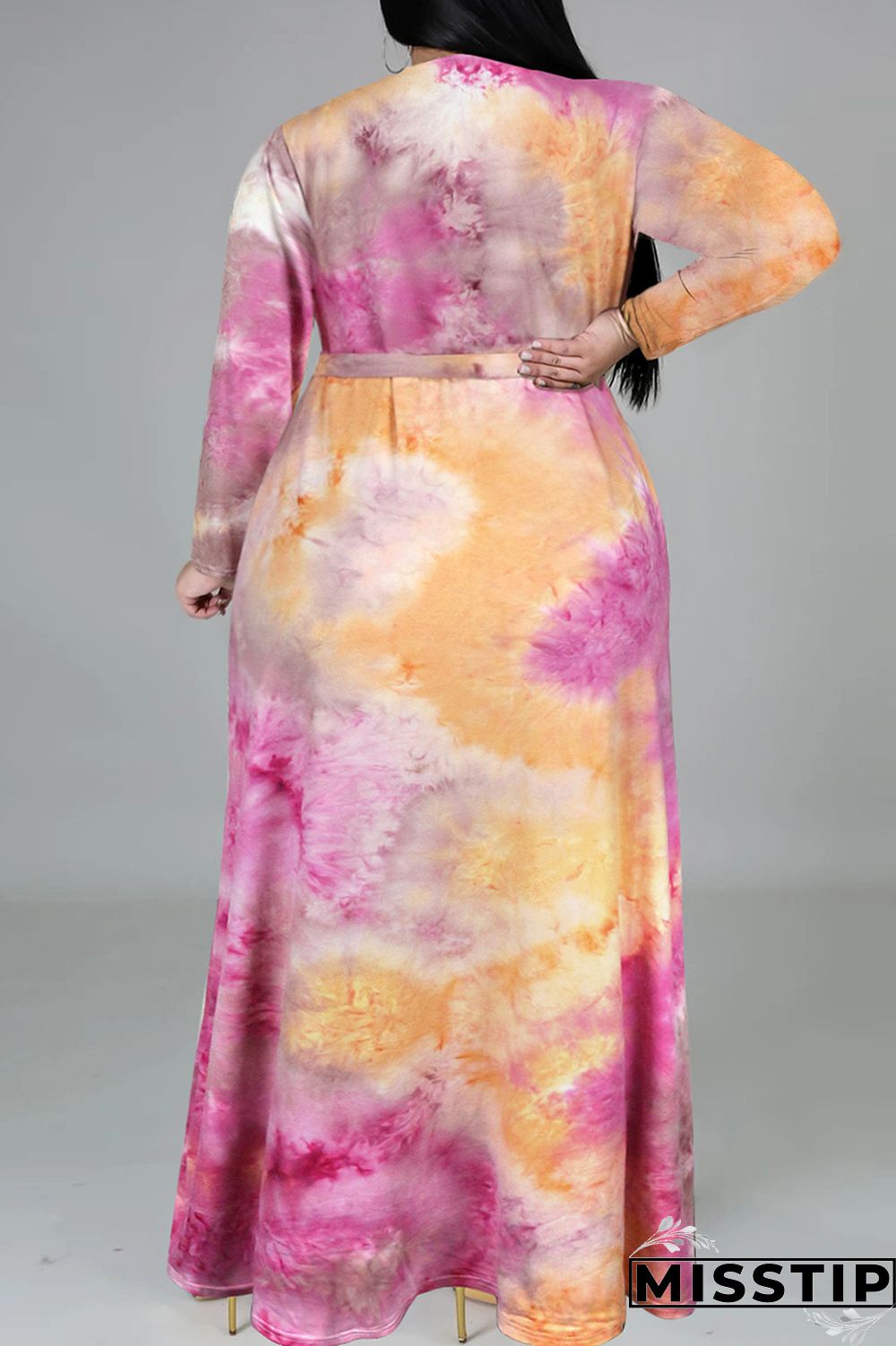 Cyan Fashion Casual Tie Dye Printing V Neck Long Sleeve Plus Size Dresses