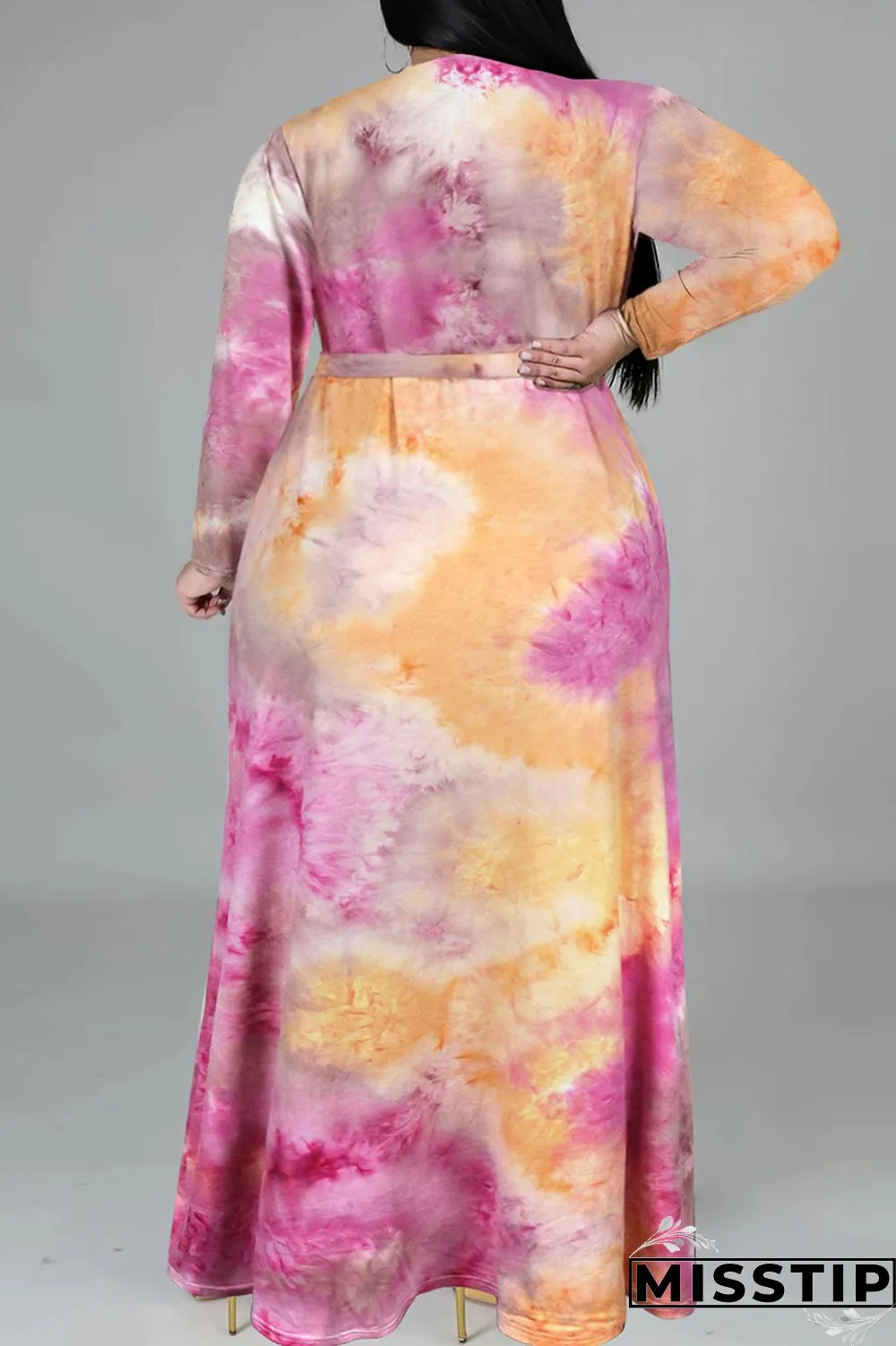 Cyan Fashion Casual Tie Dye Printing V Neck Long Sleeve Plus Size Dresses
